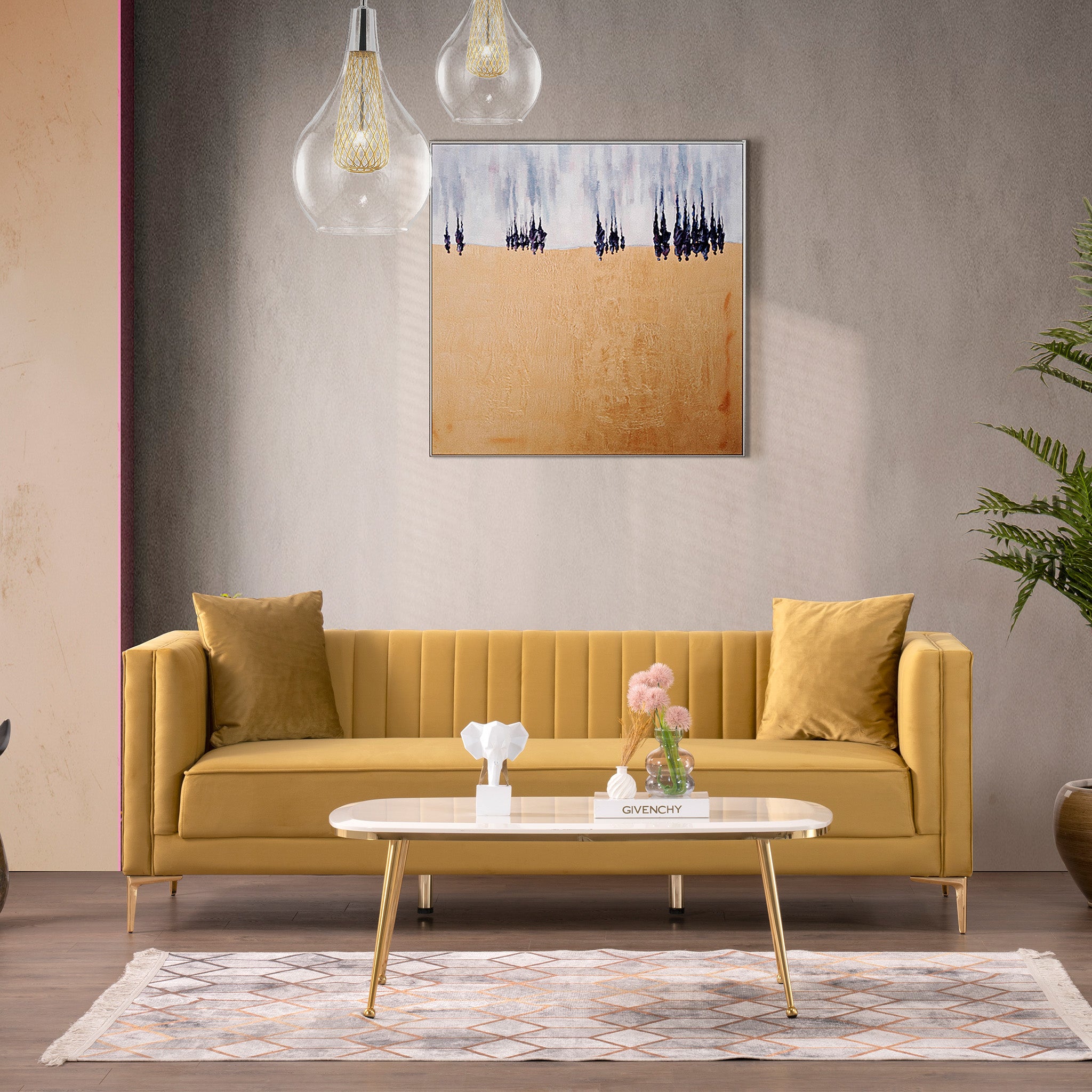 Kendra Velvet Sofa | Yellow Mustard Channel-Tufted & Gold Legs | MidinMod