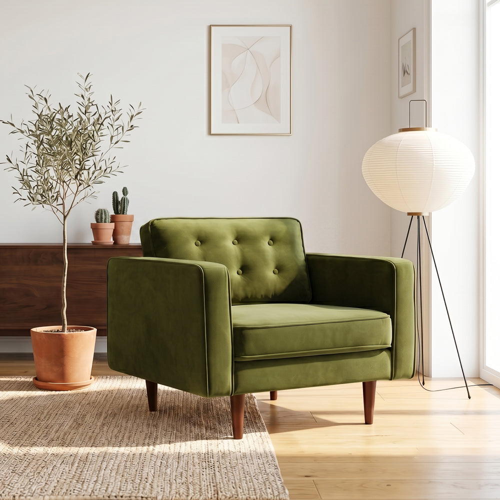 Kirby Olive Green Velvet Armchair | Mid-Century Modern Lounge