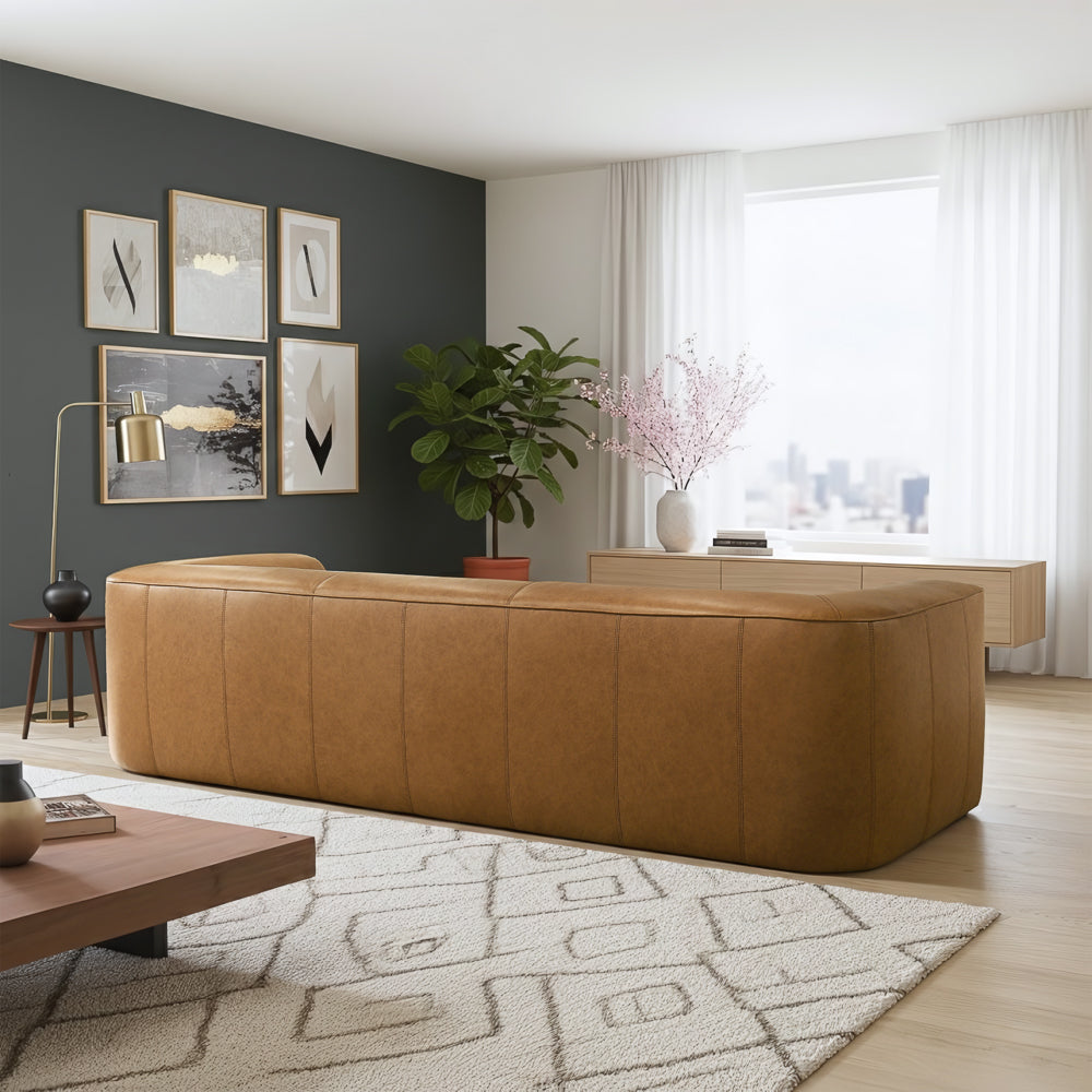 Leanne Three-Seater Genuine Leather Sofa with Curved Edges and Wide Armrests - MidinMod