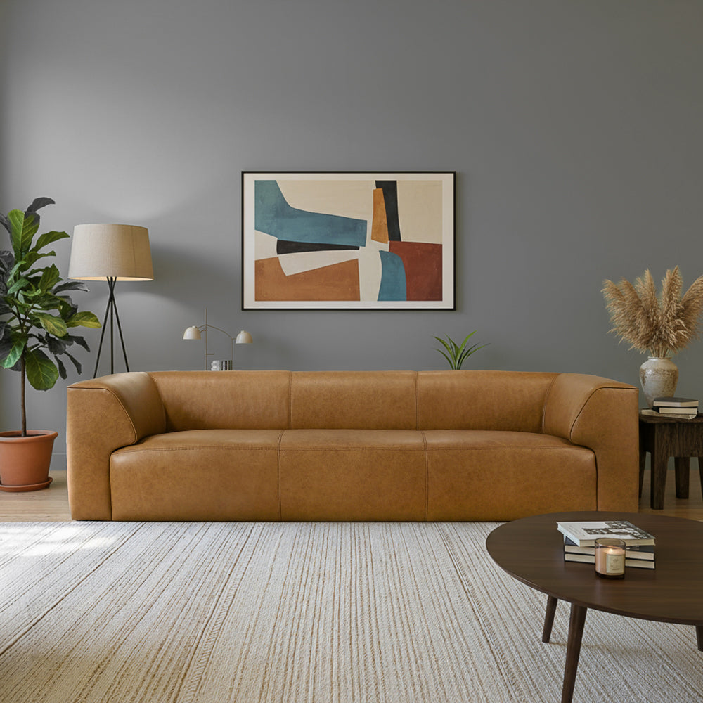 Leanne Three-Seater Genuine Leather Sofa with Curved Edges and Wide Armrests - MidinMod