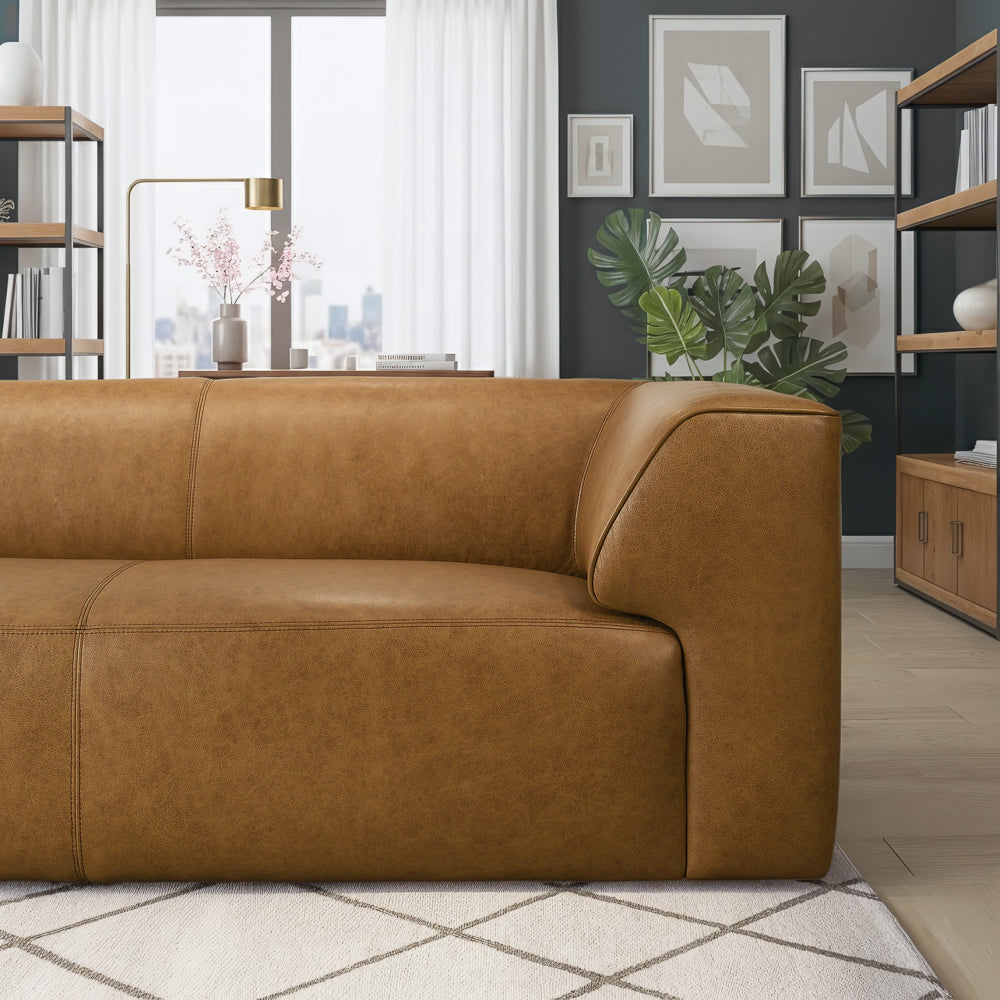 Leanne Three-Seater Genuine Leather Sofa with Curved Edges and Wide Armrests - MidinMod