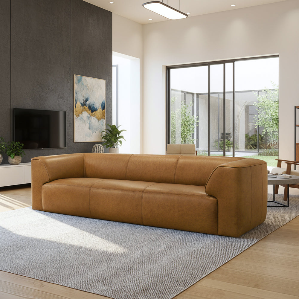 Leanne Three-Seater Genuine Leather Sofa with Curved Edges and Wide Armrests - MidinMod