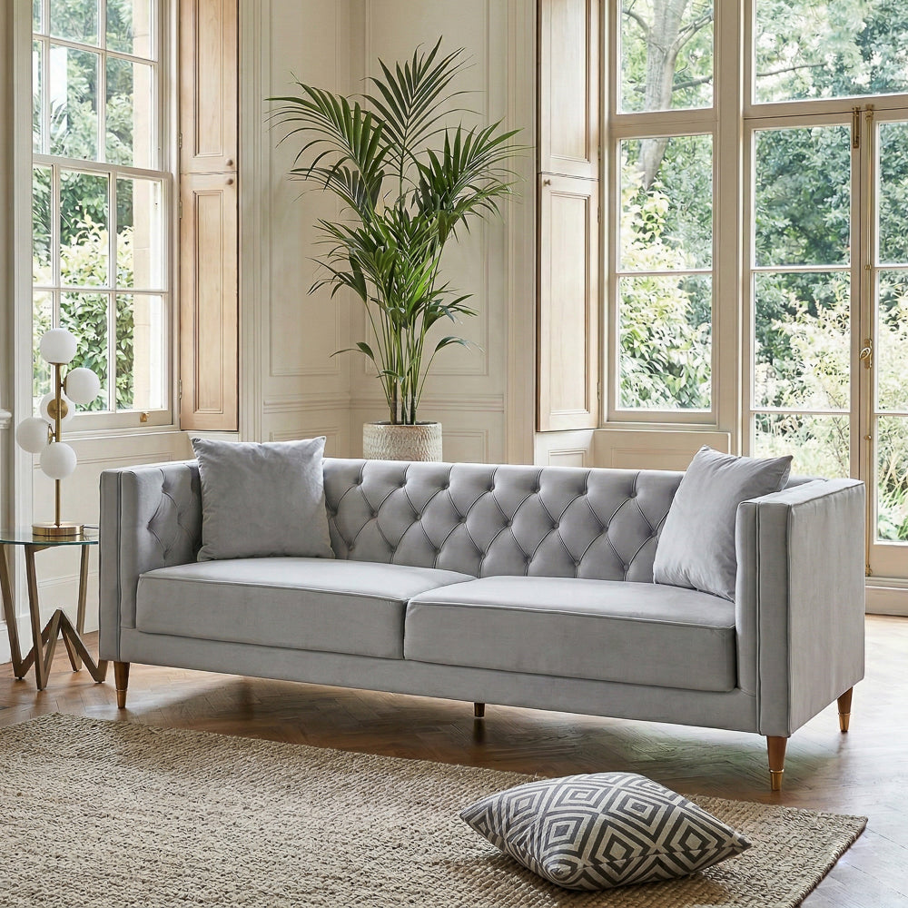 Lewis Velvet Sofa | Light Gray Tufted & Gold-Capped Legs | MidinMod