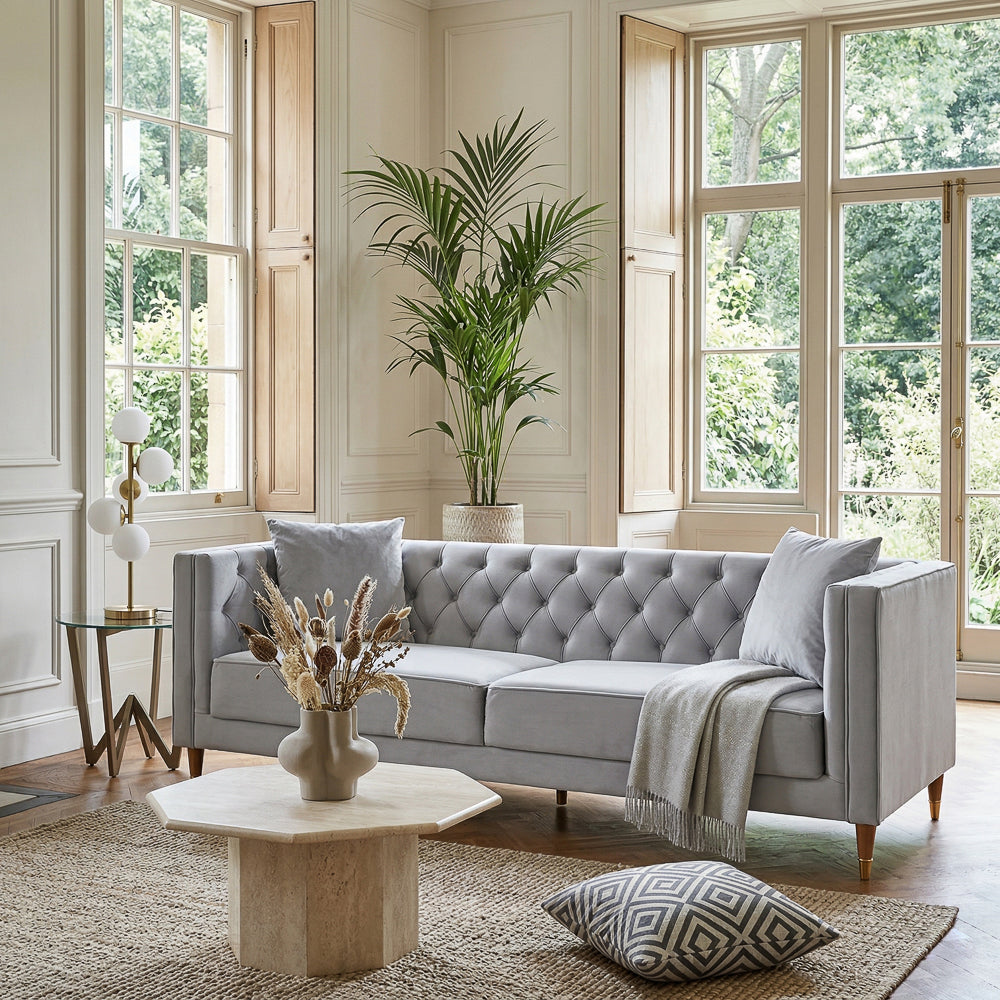 Lewis Velvet Sofa | Light Gray Tufted & Gold-Capped Legs | MidinMod