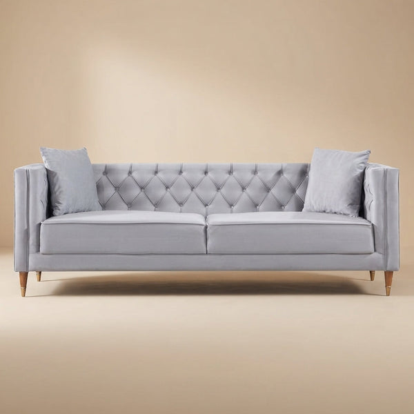 Lewis Velvet Sofa | Light Gray Tufted & Gold-Capped Legs | MidinMod