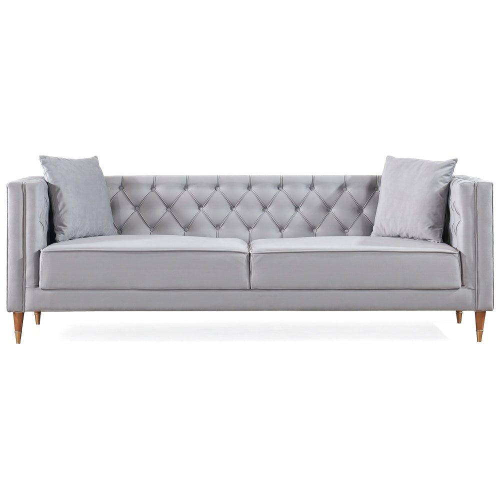 Lewis Velvet Sofa | Light Gray Tufted & Gold-Capped Legs | MidinMod