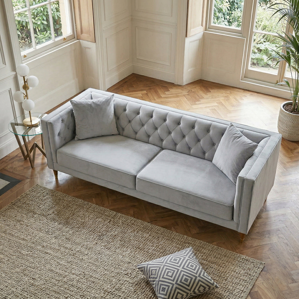Lewis Velvet Sofa | Light Gray Tufted & Gold-Capped Legs | MidinMod