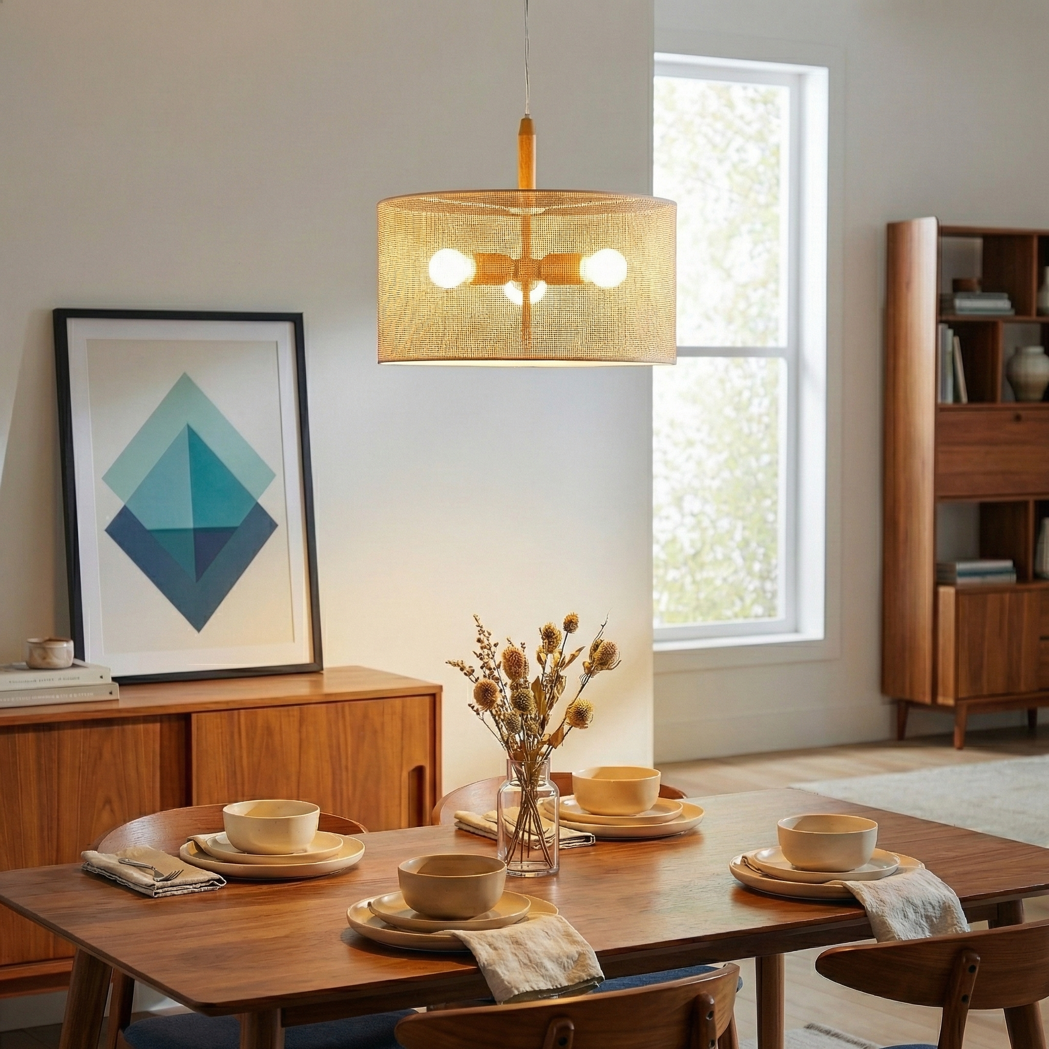 Lighten Pendant Lamp | Oak, Natural Rattan, and Gold Accents | MidinMod