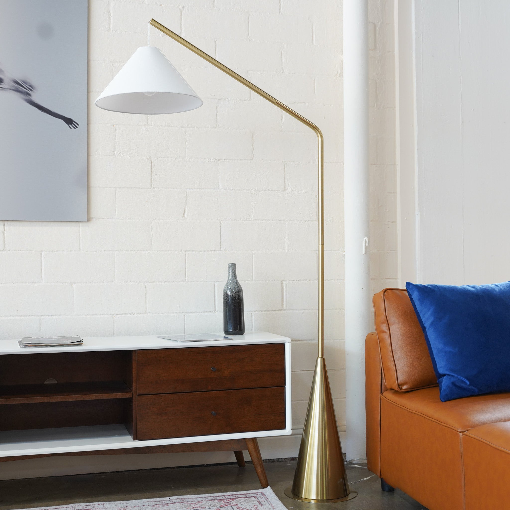 Lisbon Black Floor Lamp with On/Off Switch Coned Base Hanging White Fabric Shade