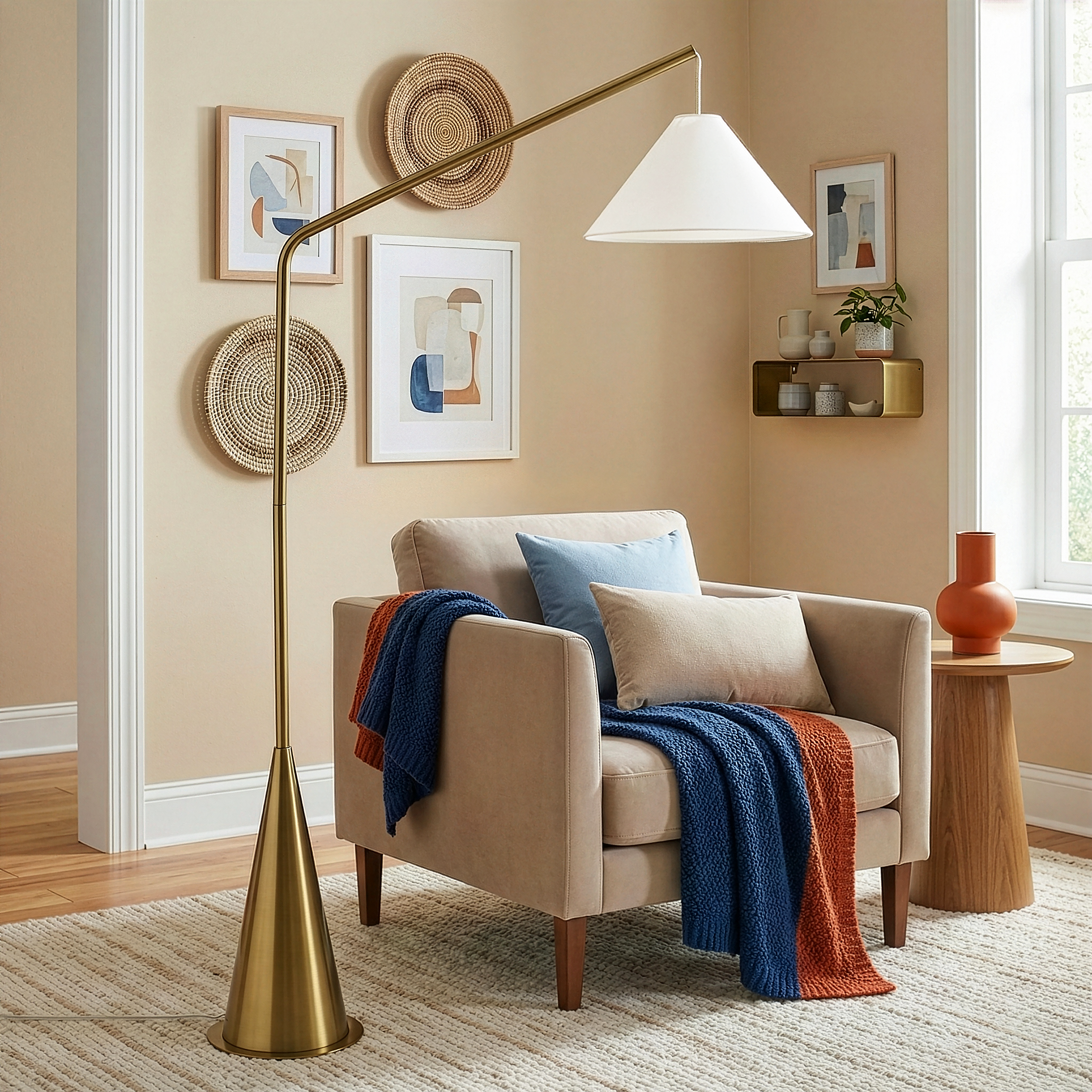 Lisbon Modern Floor Lamp with Hanging White Fabric Shade and Coned Base | MidinMod