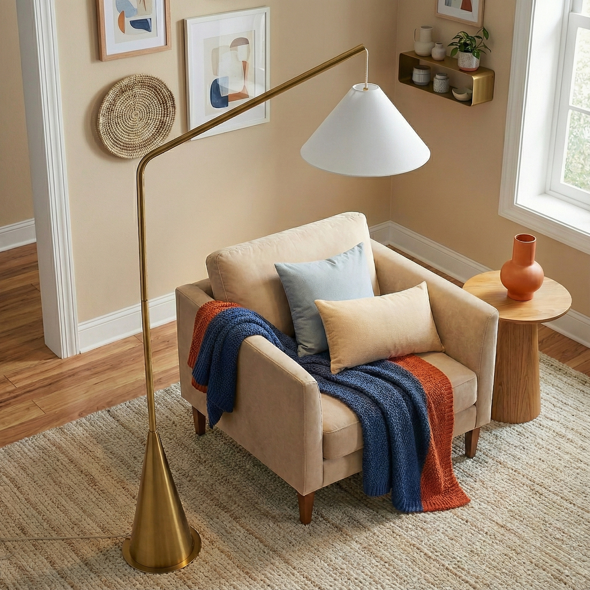 Lisbon Modern Floor Lamp with Hanging White Fabric Shade and Coned Base | MidinMod