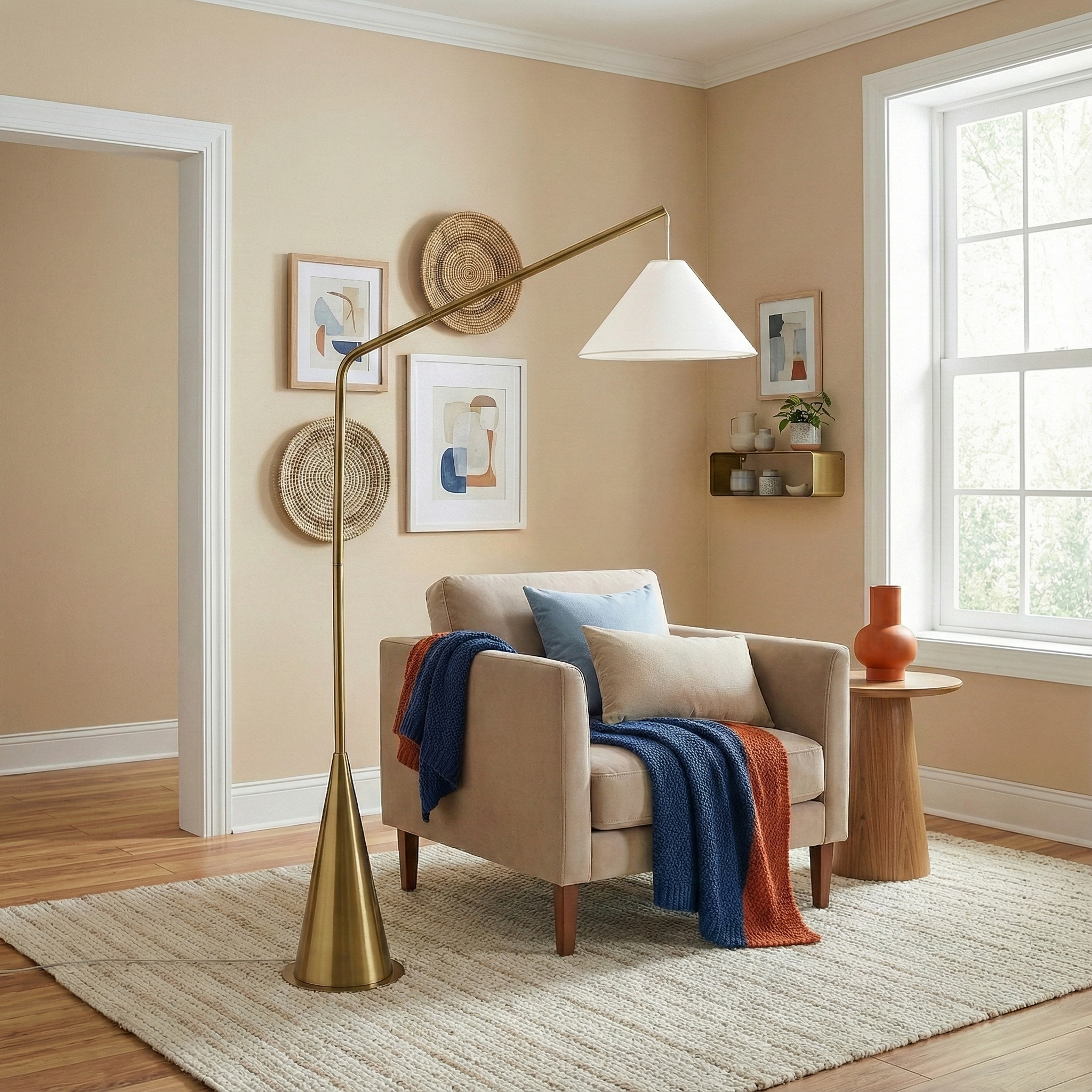 Lisbon Modern Floor Lamp with Hanging White Fabric Shade and Coned Base | MidinMod