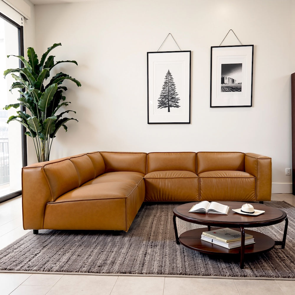 Logan Cognac Vegan Leather Corner Sectional Sofa - MidinMod