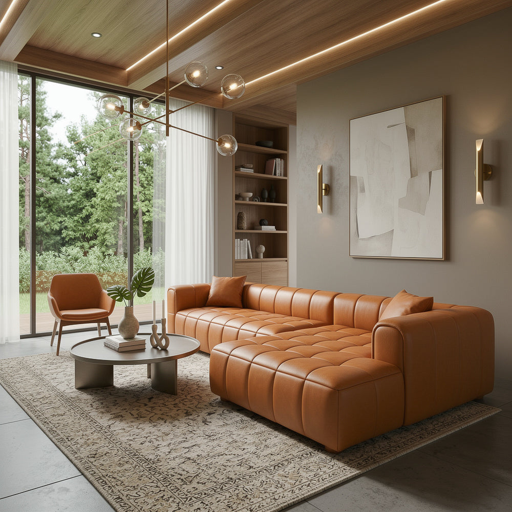Luca Mid-Century Modern Right-Facing Sectional Sofa in Cognac Composite Leather | MidinMod