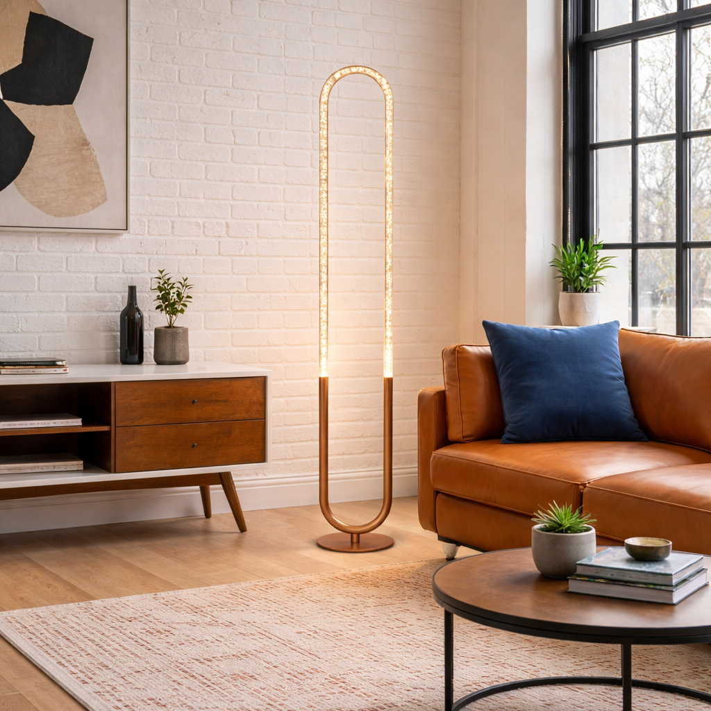 Lucent Arched LED Floor Lamp in Coarse Gold and Clear Acrylic | MidinMod