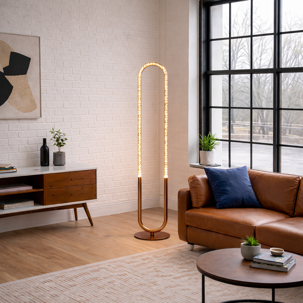 Lucent Arched LED Floor Lamp in Coarse Gold and Clear Acrylic | MidinMod