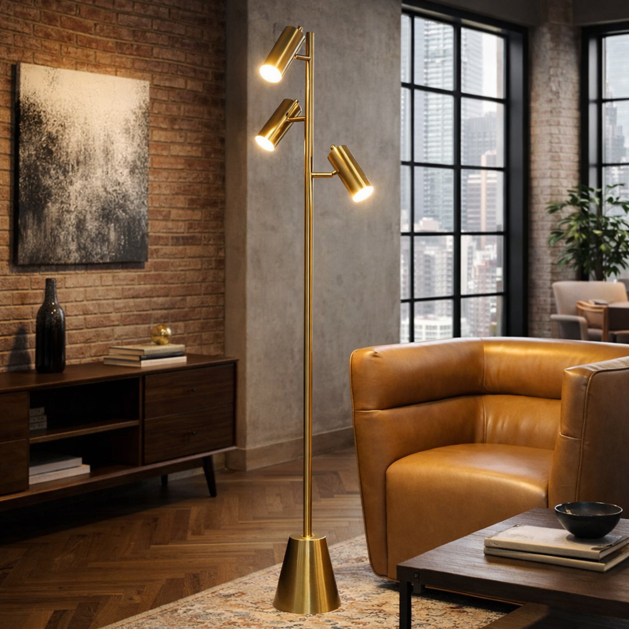 Lumina Brassed Gold Floor Lamp with Triple Spots and Metal Cone Base | MidinMod