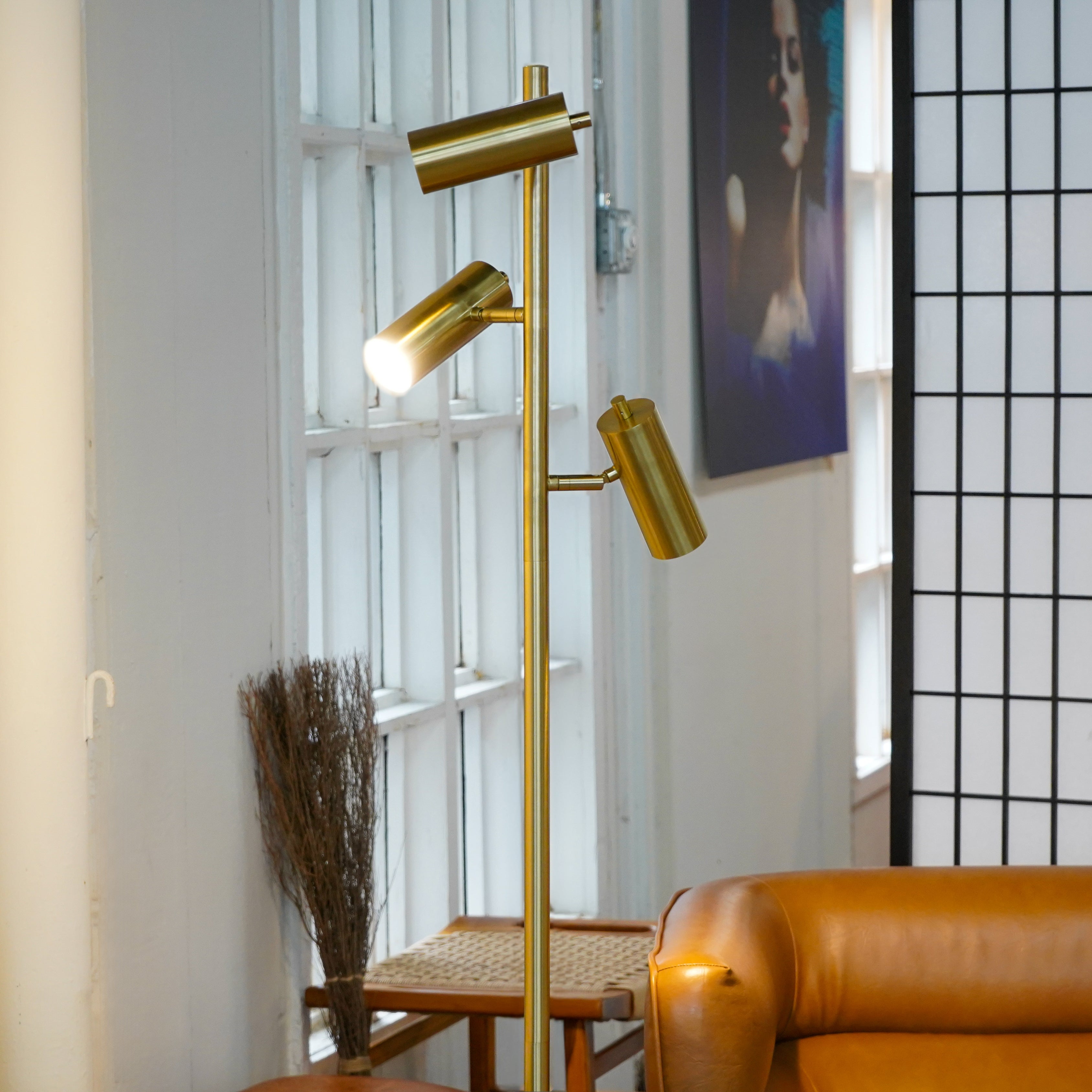 Lumina Brassed Gold Floor Lamp with Rotary Switch Triple Spots Metal Cone Base
