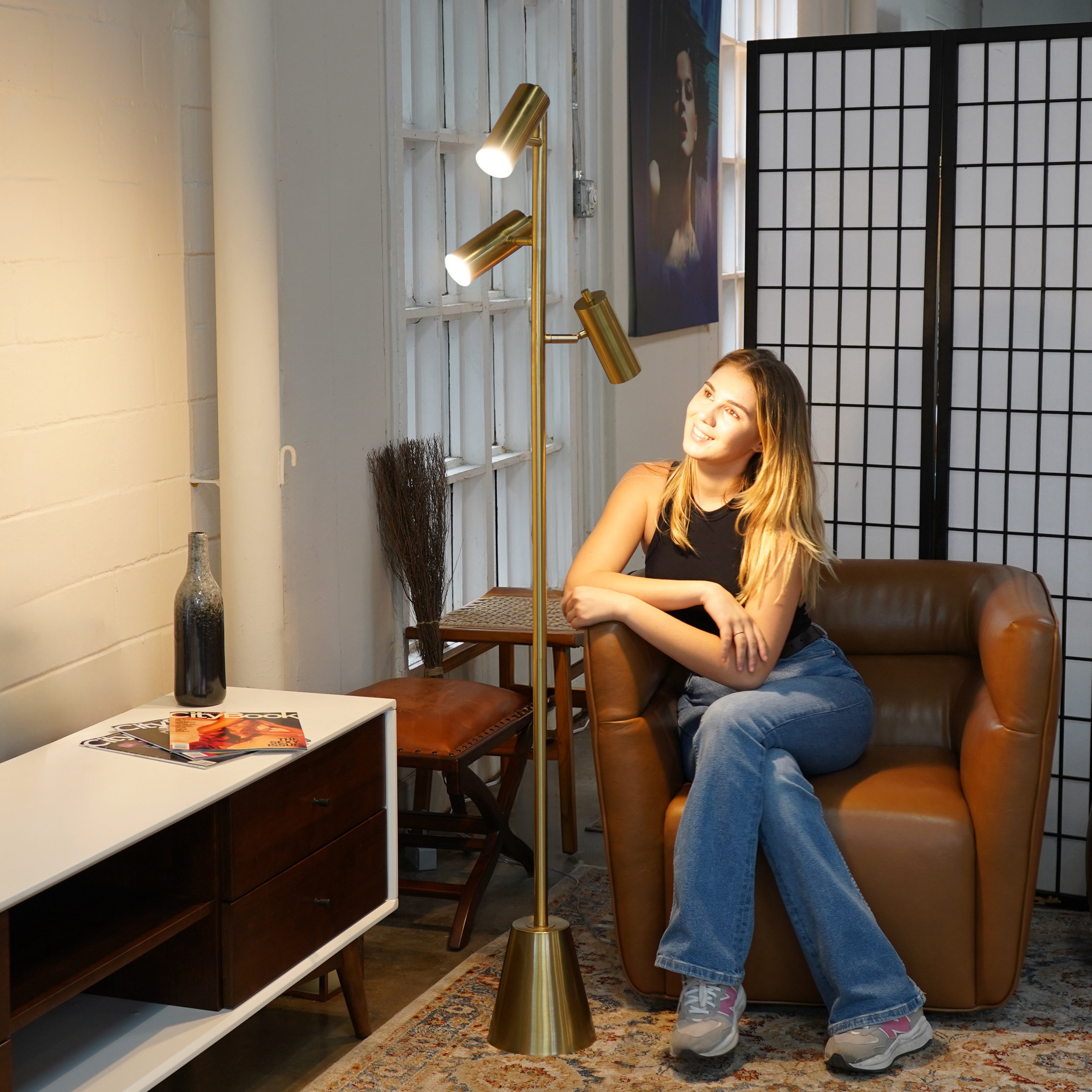 Lumina Brassed Gold Floor Lamp with Rotary Switch Triple Spots Metal Cone Base