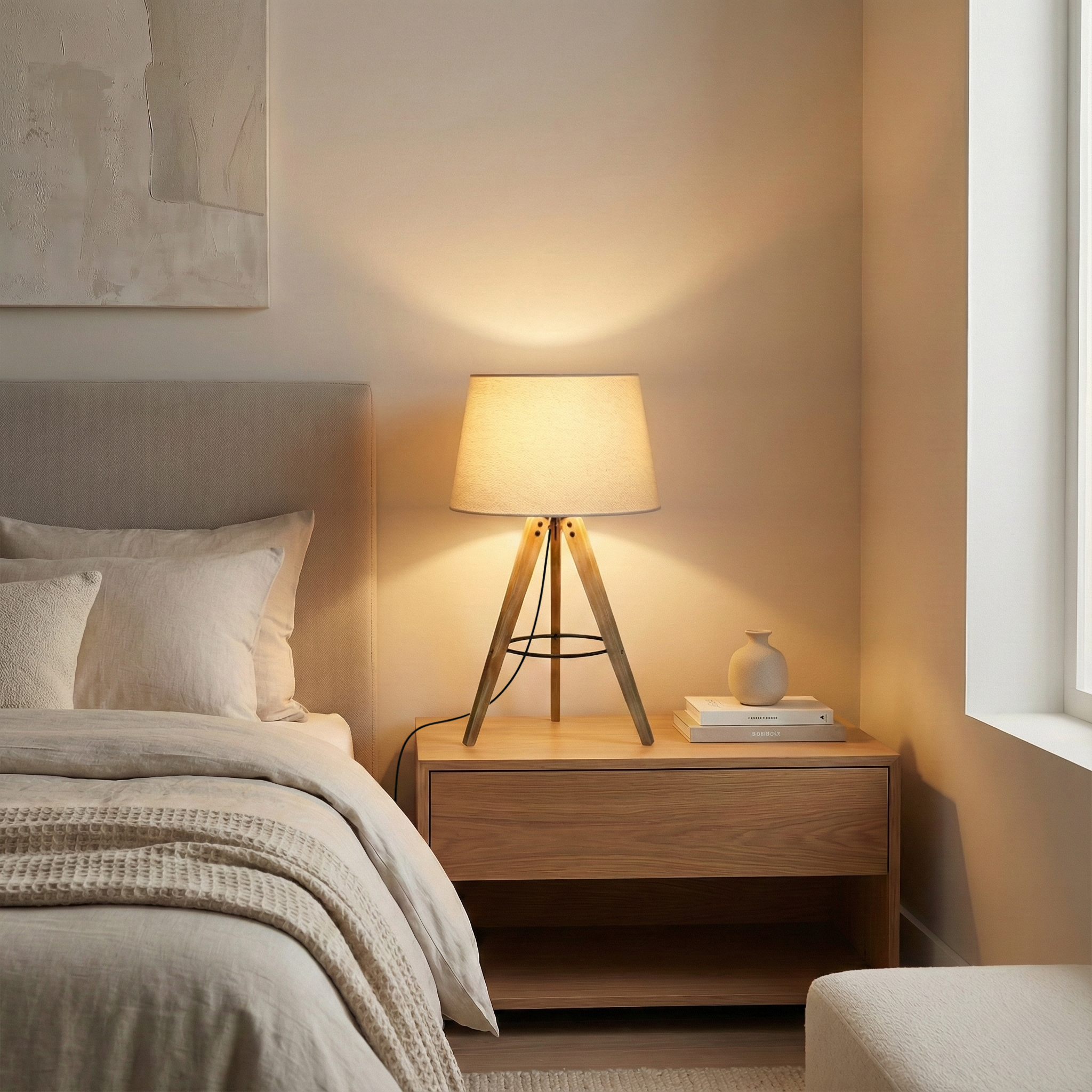 Lyra Three-Legged Wooden Tripod Table Lamp - Natural & Black | MidinMod