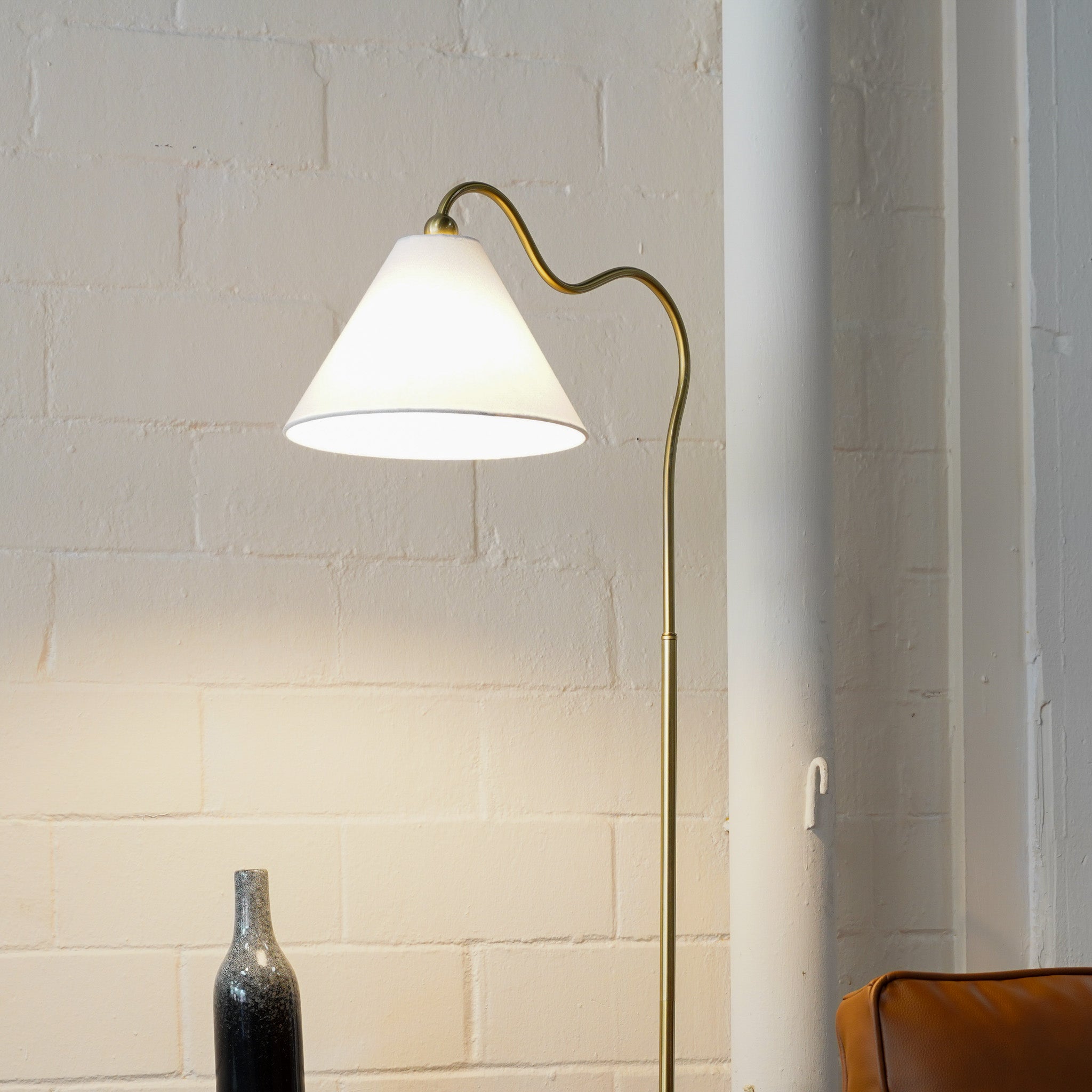 Majestic Brass Ring Base Floor Lamp with Triangle White Drum Shade