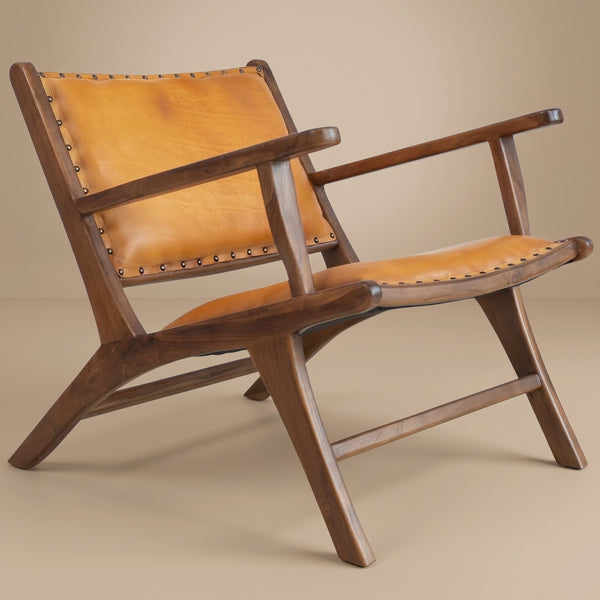 Makasar Mid-Century Modern Tan Leather Accent Chair with Solid Wood Frame | MidinMod