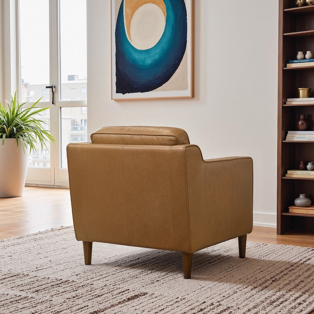 Manhattan Mid-Century Modern Tan Genuine Leather Lounge Chair - MidinMod