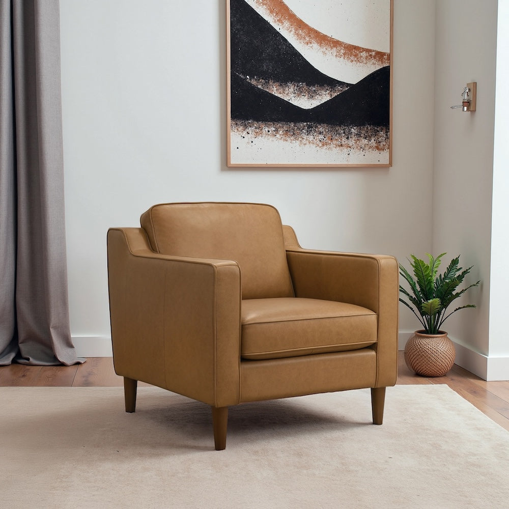 Manhattan Mid-Century Modern Tan Genuine Leather Lounge Chair - MidinMod