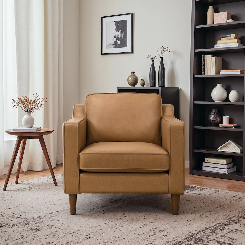 Manhattan Mid-Century Modern Tan Genuine Leather Lounge Chair - MidinMod