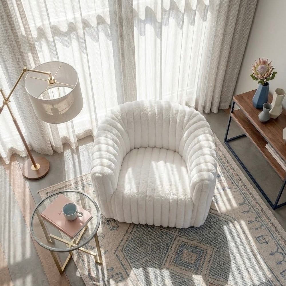 Mayfield Swivel Chair | White Plush Fabric & Channel Tufting | MidinMod 