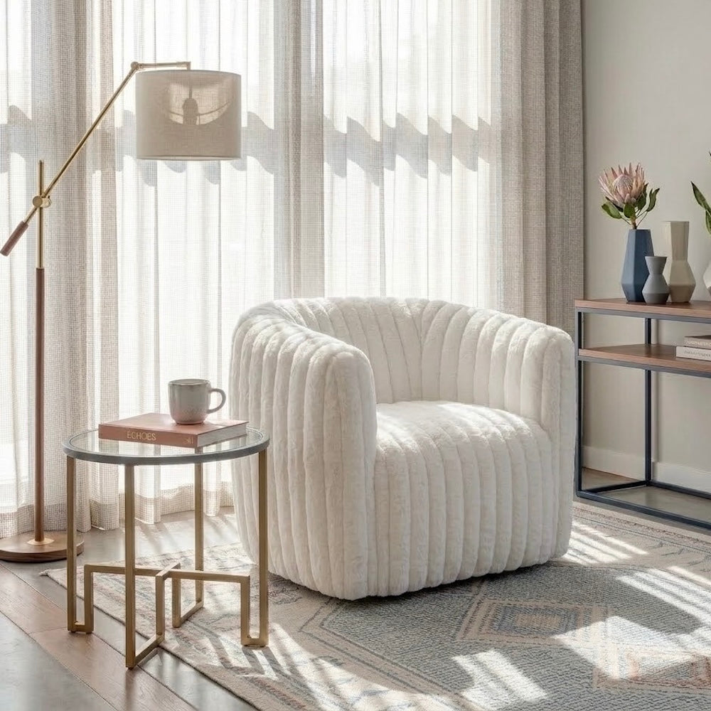 Mayfield Swivel Chair | White Plush Fabric & Channel Tufting | MidinMod 