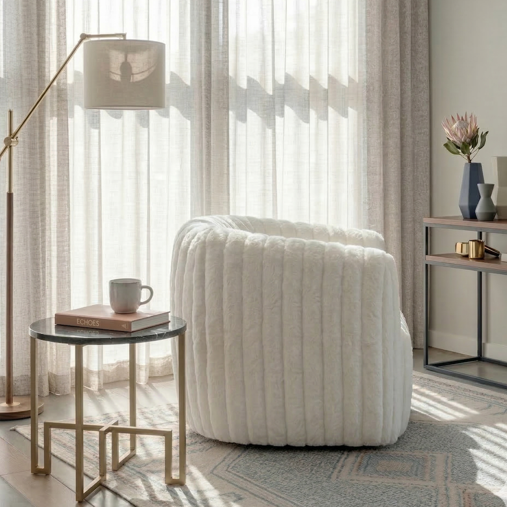 Mayfield Swivel Chair | White Plush Fabric & Channel Tufting | MidinMod 