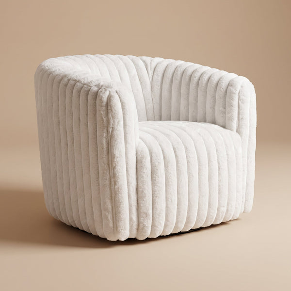Mayfield Swivel Chair | White Plush Fabric & Channel Tufting | MidinMod 