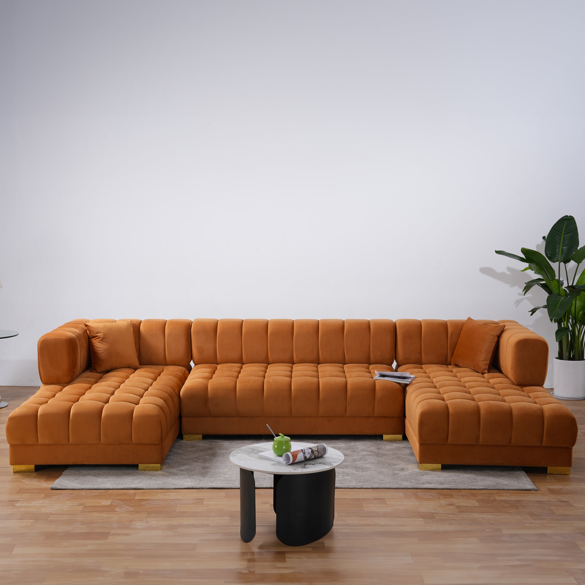 Mayford Cognac Velvet U-Shape Corner Sofa - MidinMod