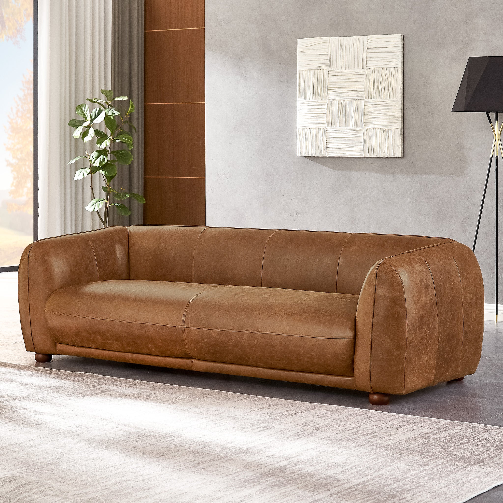 Miller Mid-Century Modern Brown Real Leather Sofa | MidinMod