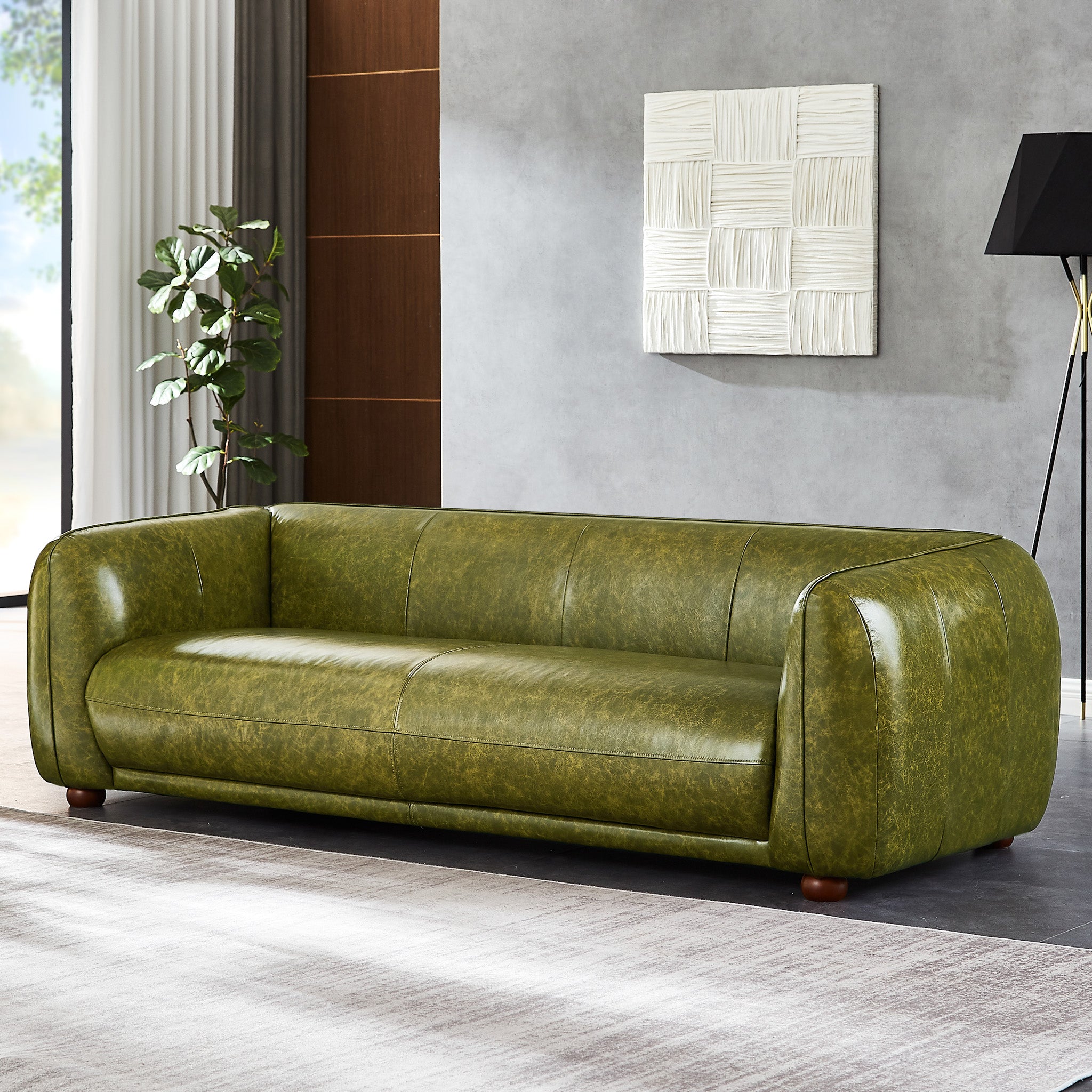 Miller Mid-Century Modern Green Real Leather Sofa | MidinMod