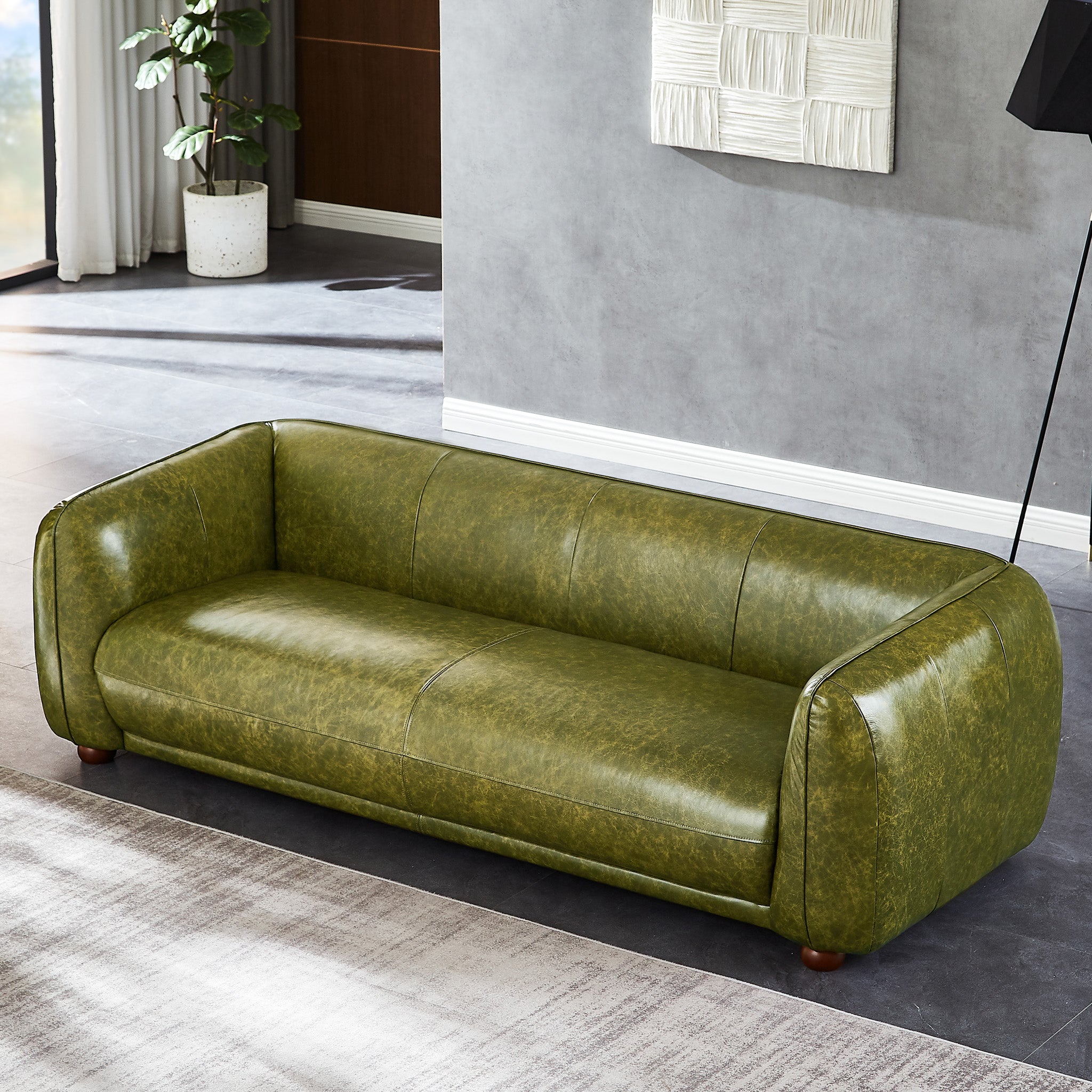Miller Mid-Century Modern Green Real Leather Sofa | MidinMod