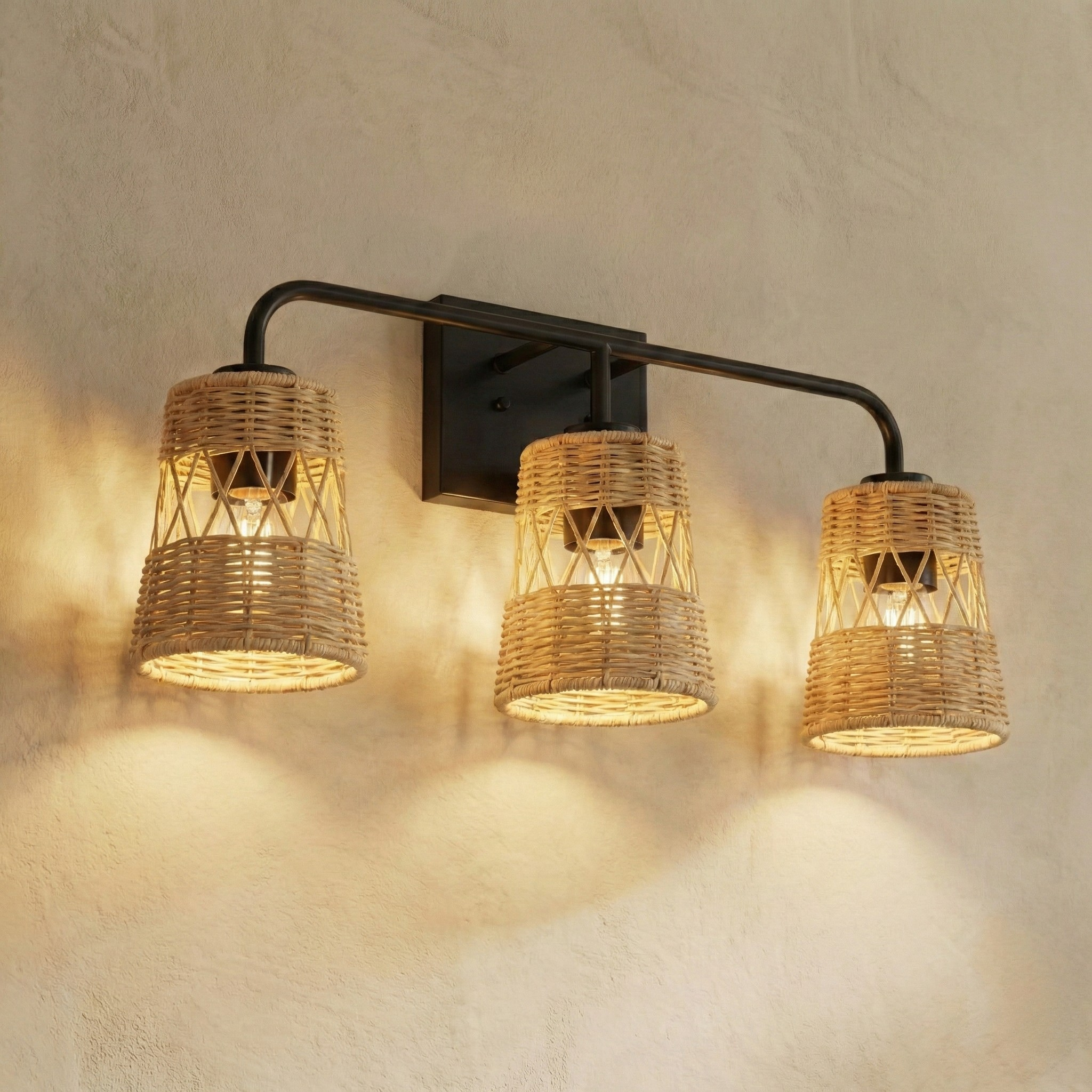 Moonlit Three Lights Wall Sconce | Rattan Shades & Sleek Frame | MidinMod