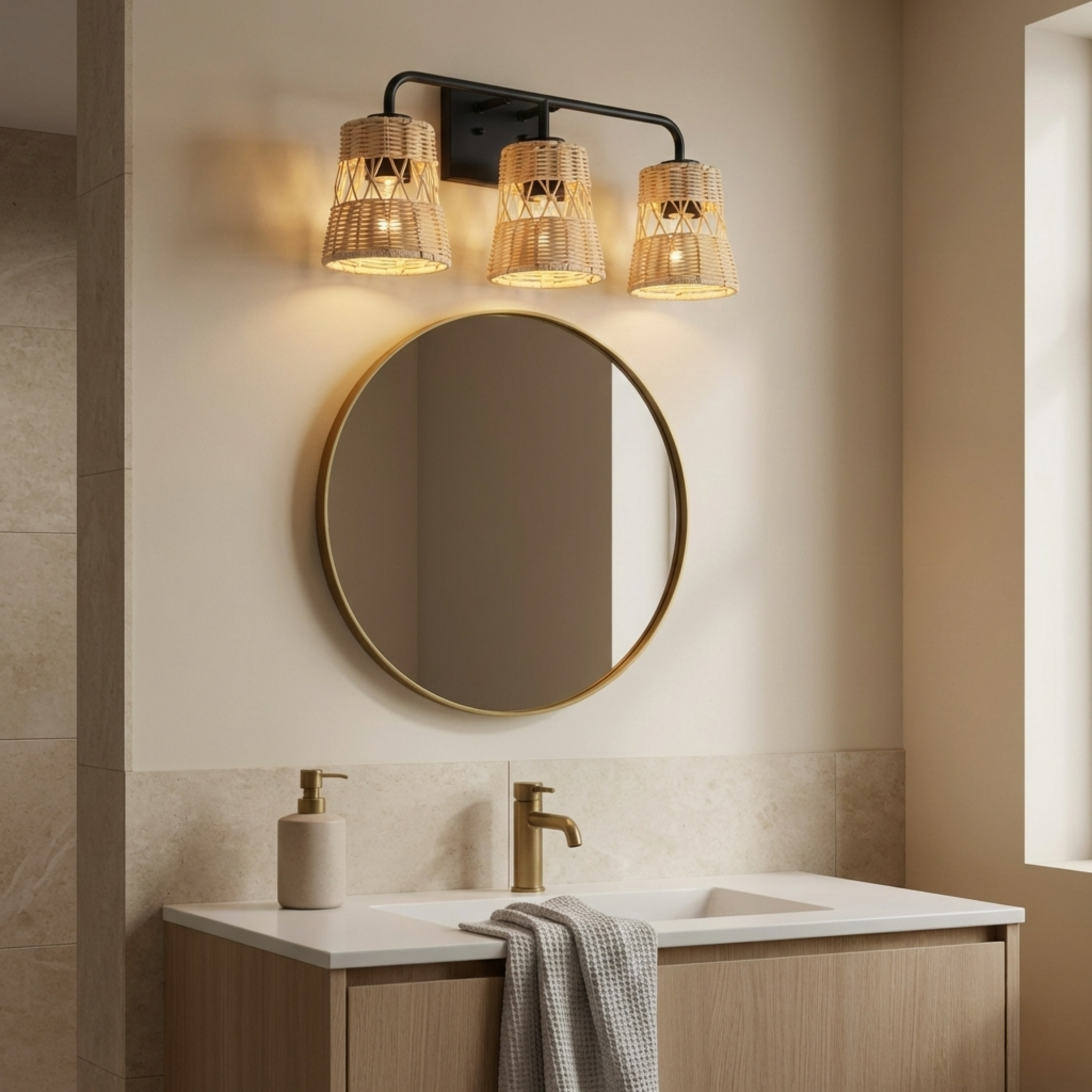 Moonlit Three Lights Wall Sconce | Rattan Shades & Sleek Frame | MidinMod