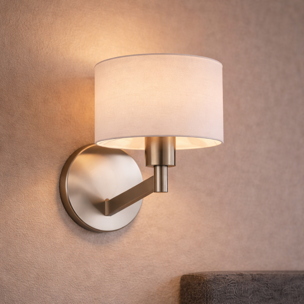 Nebula Wall Lamp | Brushed Nickel Base & White Fabric Shade | MidinMod