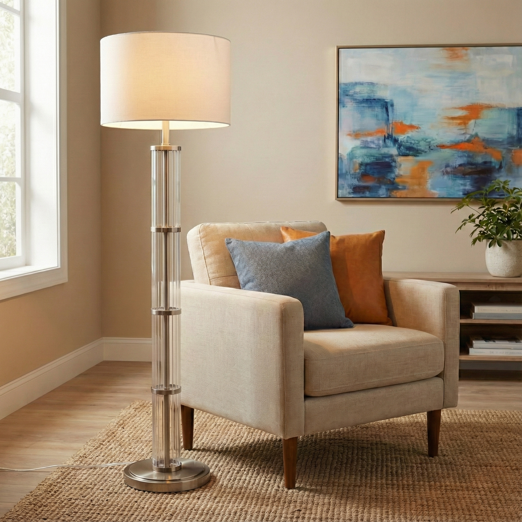 Nimbus Brushed Nickel Floor Lamp with 3-Way Rotary Switch and Clear Glass Body | MidinMod