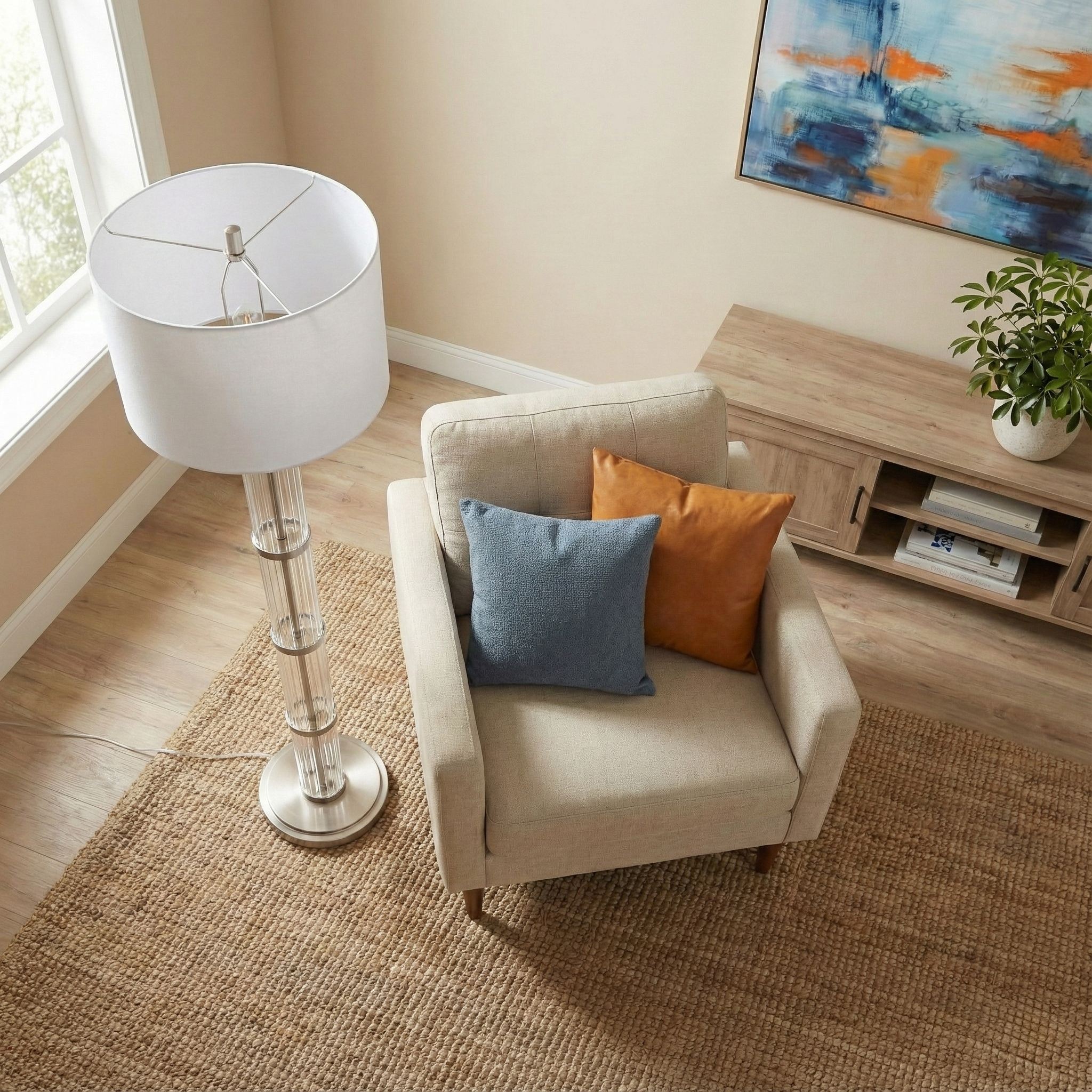 Nimbus Brushed Nickel Floor Lamp with 3-Way Rotary Switch and Clear Glass Body | MidinMod