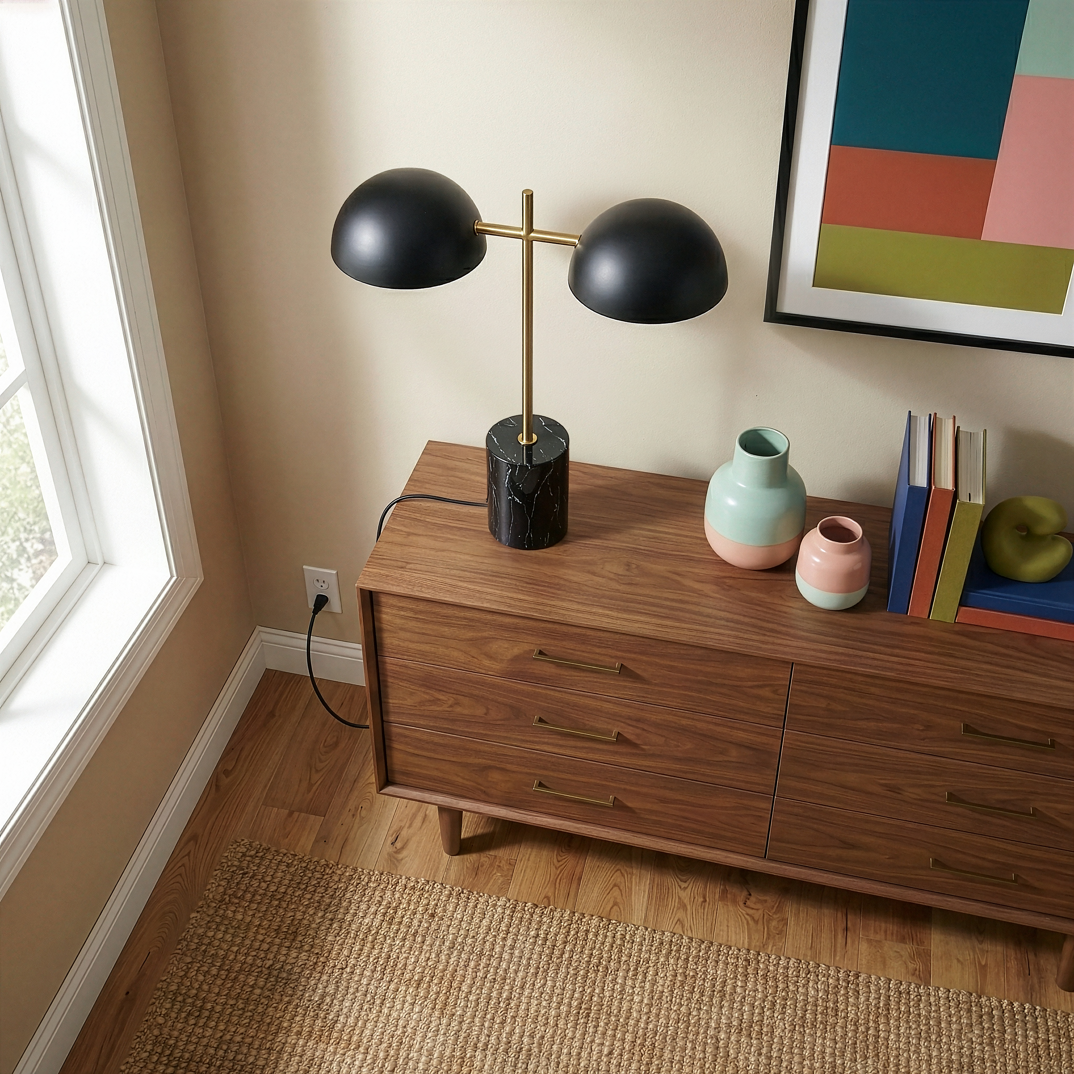 Nova Hydro Black Double Table Lamp with Faux Marble Base | MidinMod
