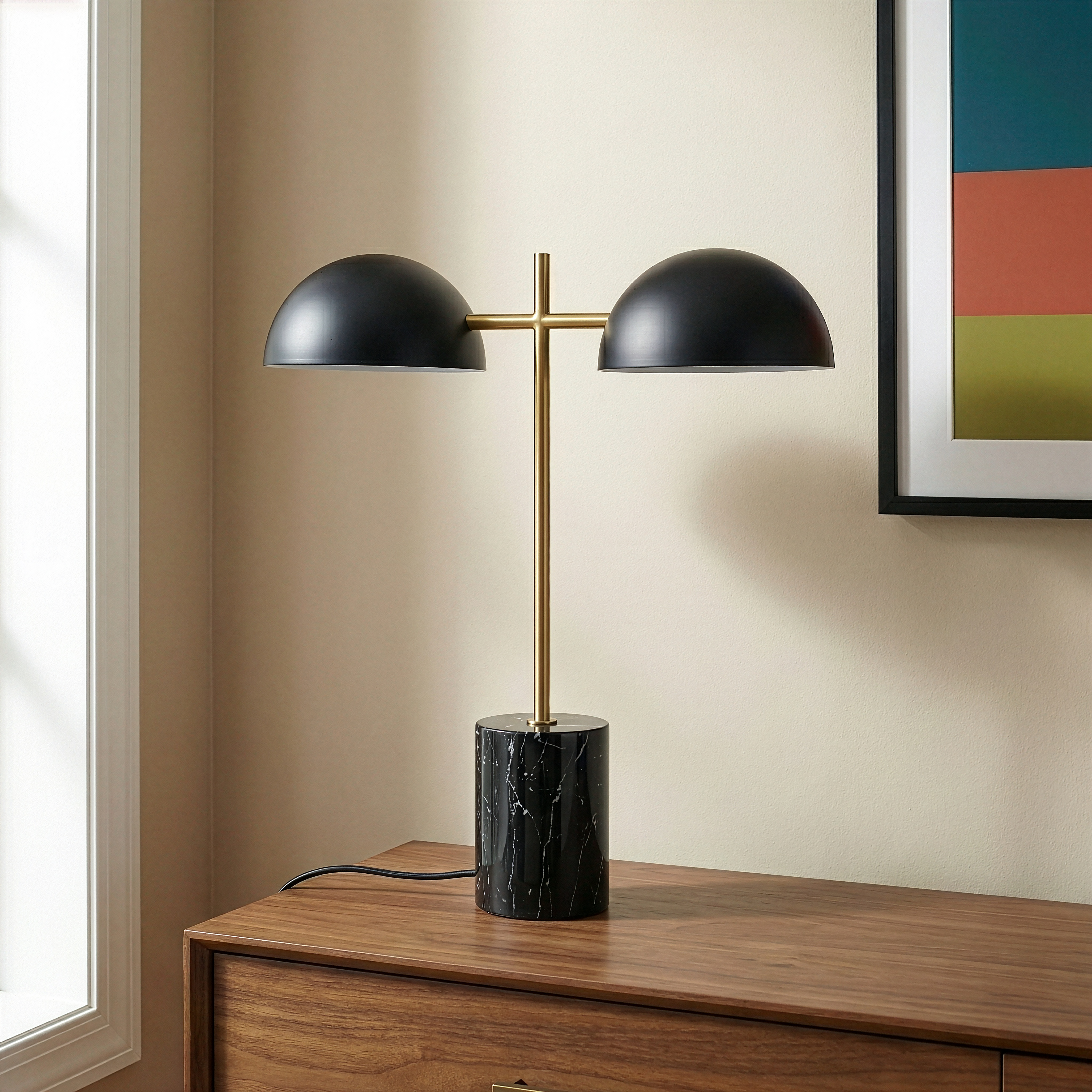 Nova Hydro Black Double Table Lamp with Faux Marble Base | MidinMod