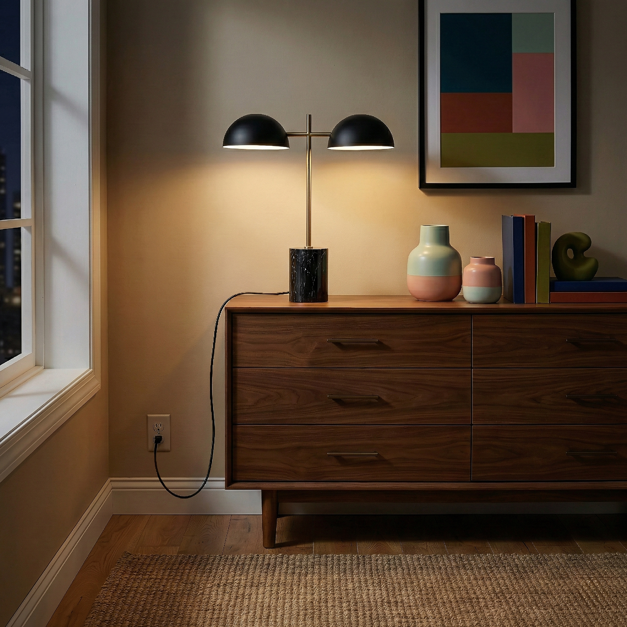 Nova Hydro Black Double Table Lamp with Faux Marble Base | MidinMod