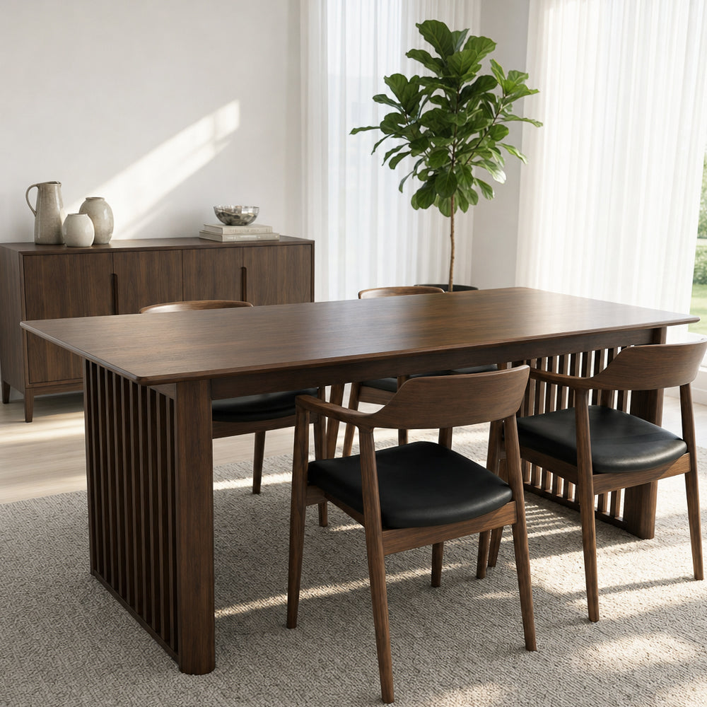 Nuvella Solid Wood Rectangular Dining Table with Ribbed Slab Legs – Walnut Finish | MidinMod