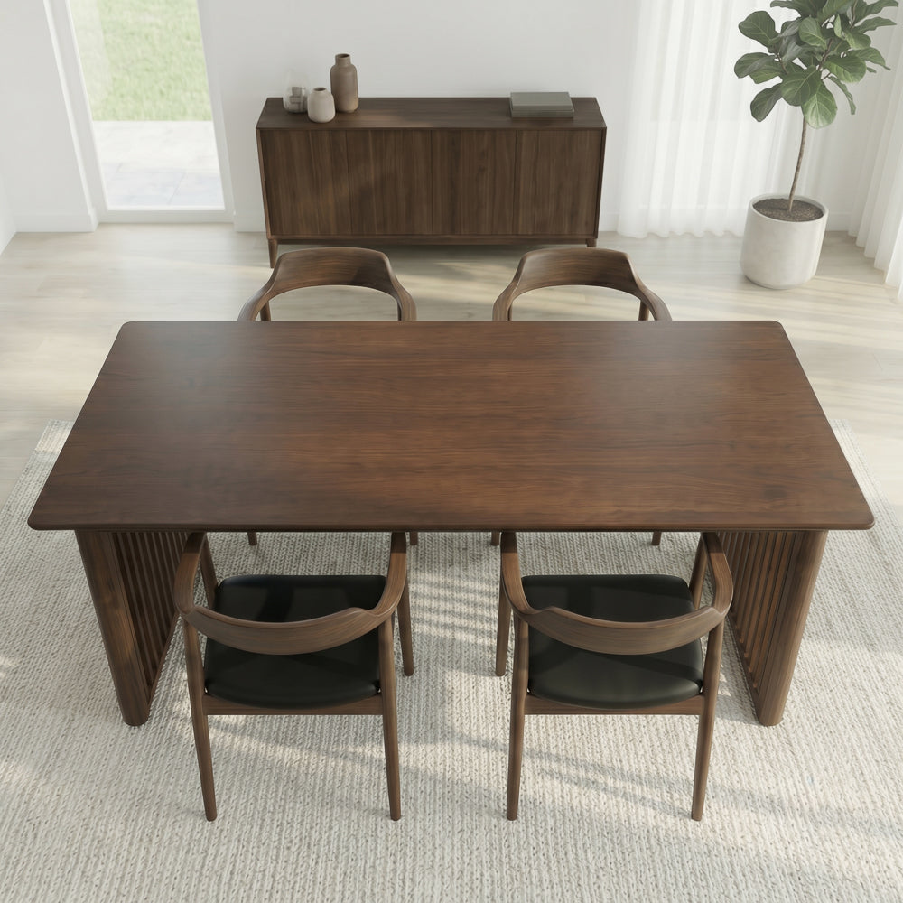 Nuvella Solid Wood Rectangular Dining Table with Ribbed Slab Legs – Walnut Finish | MidinMod
