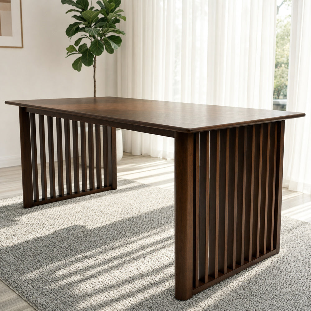 Nuvella Solid Wood Rectangular Dining Table with Ribbed Slab Legs – Walnut Finish | MidinMod