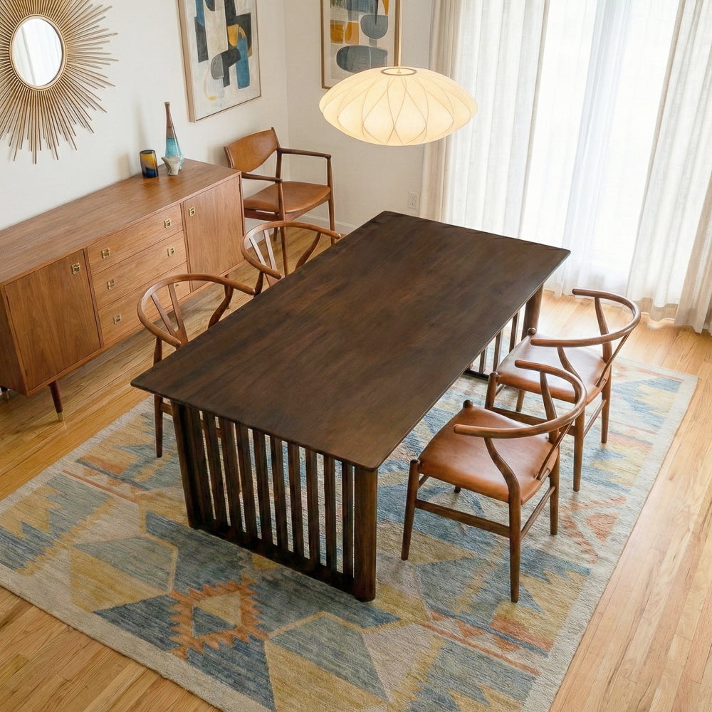 Nuvella Solid Wood Rectangular Dining Table with Ribbed Slab Legs – Walnut Finish | MidinMod