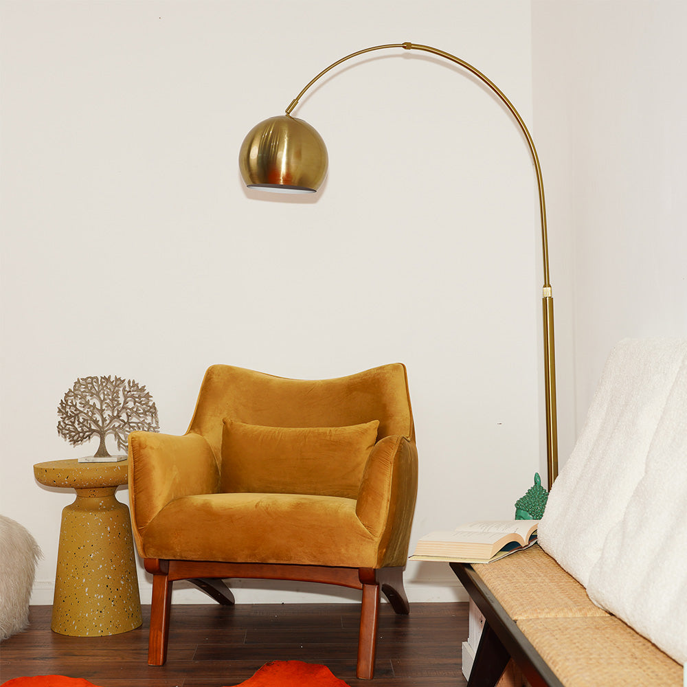 Oasis Long Arm Gold Brass Adjustable Floor Lamp with Round White Marble Base